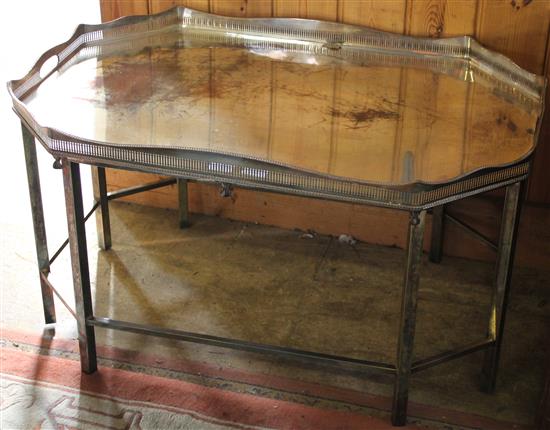 Large plated galleried tea tray, on stand